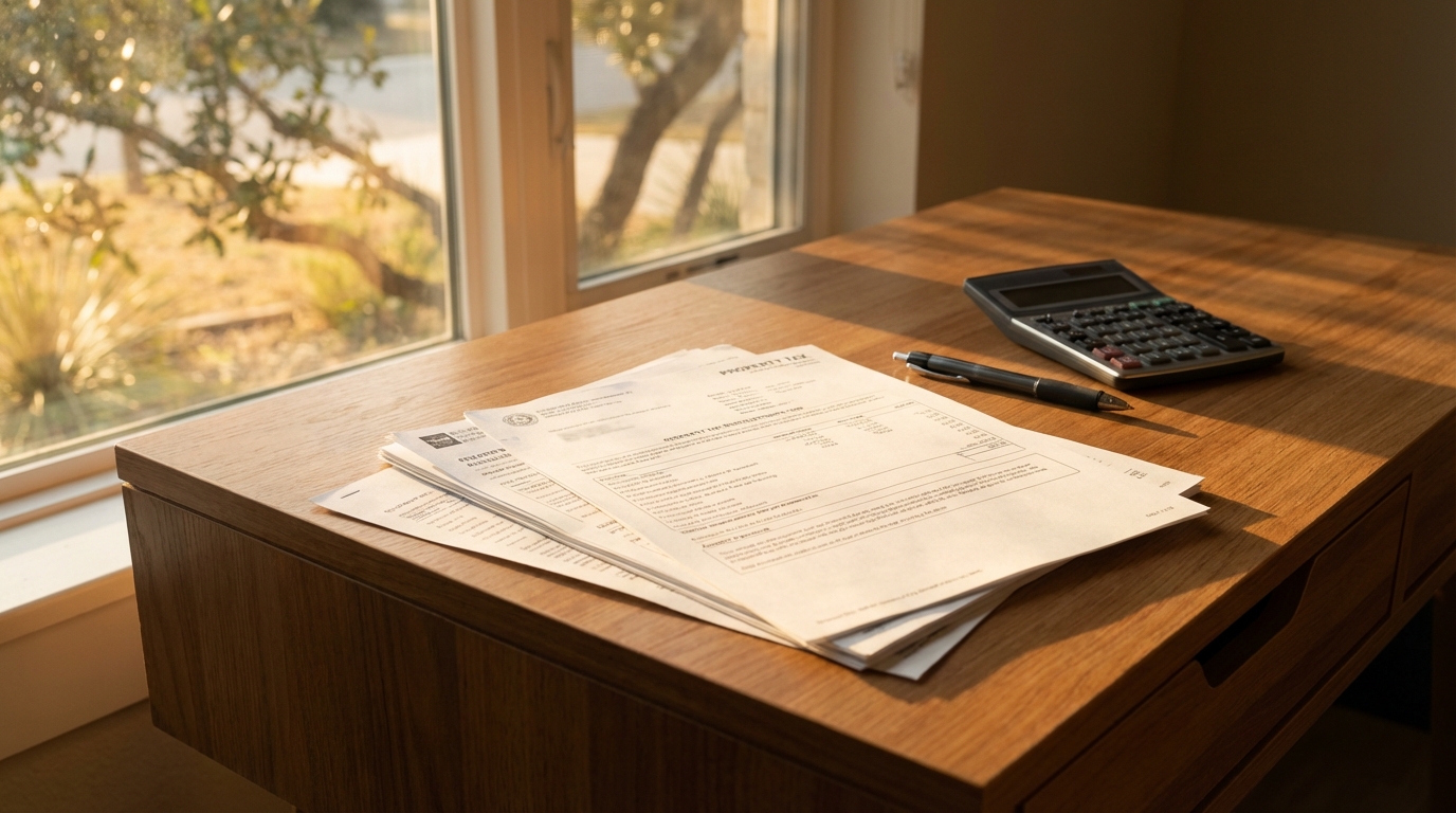 Texas property tax documents with a home in the background
